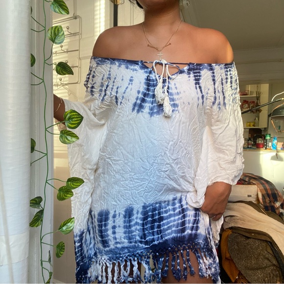 Blue and White Fringed Beach Dress - Picture 2 of 3